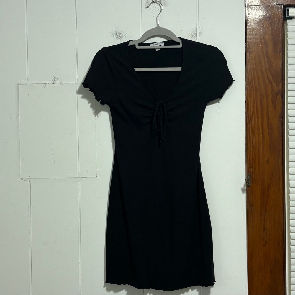 BP. Womens Black Ribbed Tie Front Lettuce Trim Short Sleeve Mini Dress Small